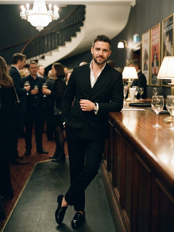 A black double breasted suit with the shirt open at the collar