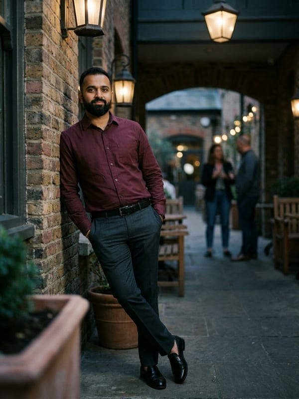 A burgundy shirt with charcoal trousers