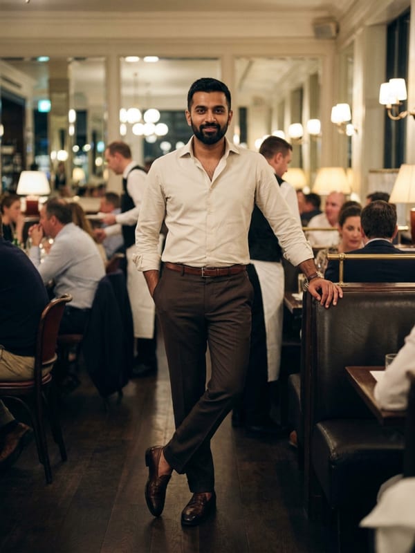 An oyster shirt with brown trousers