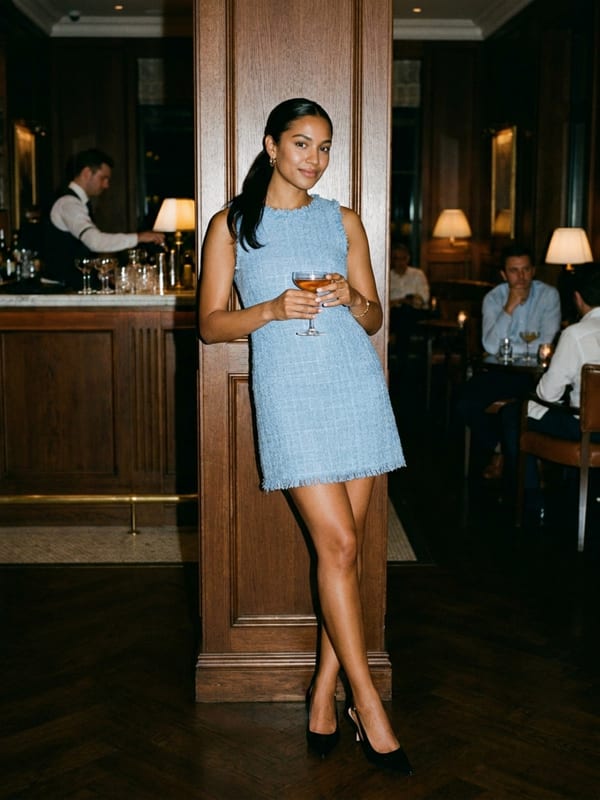 A powder blue tweed shift dress, above the knee