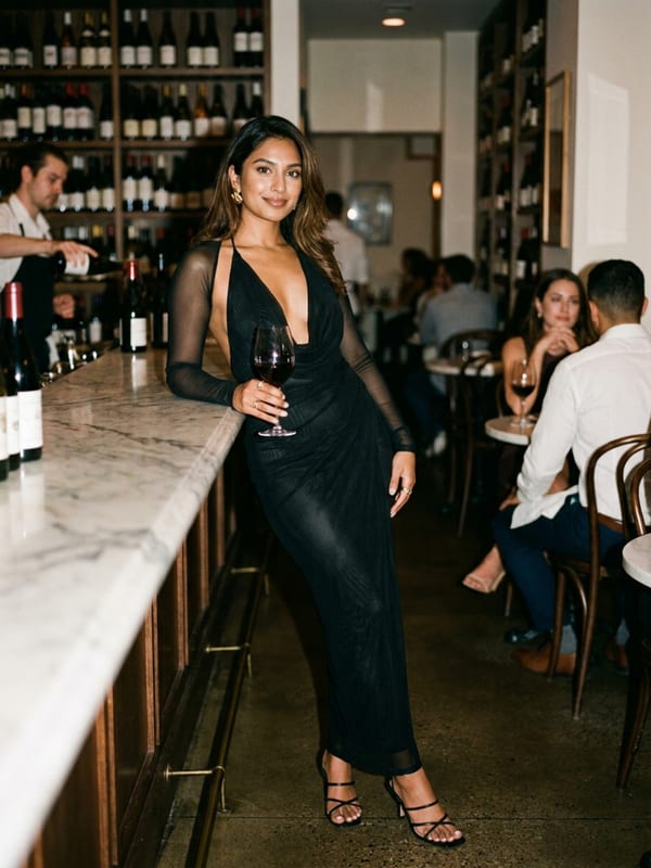 A black dress with sheer sleeves, floor length